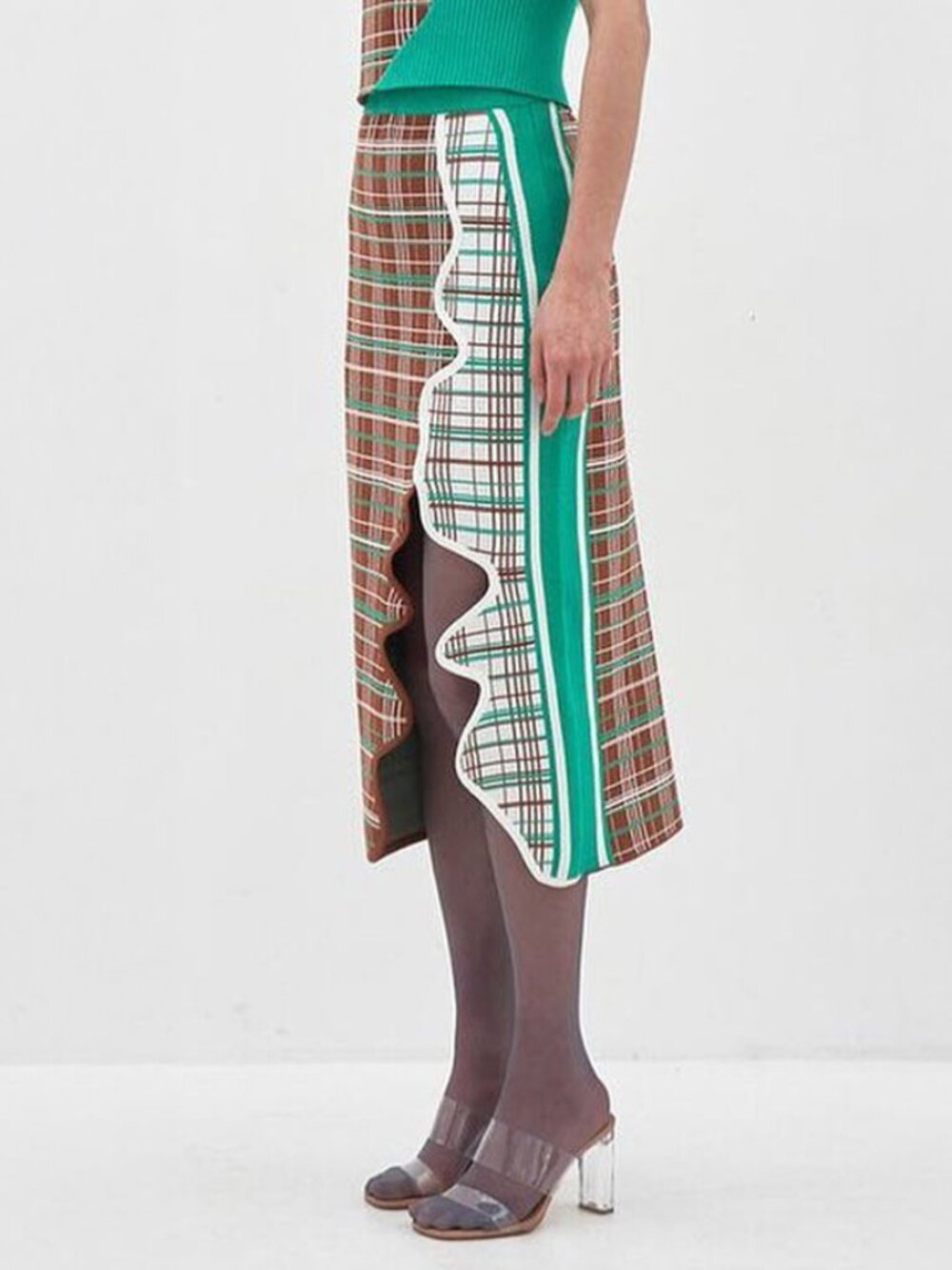 PH5 Plaid Brown Green White Wavy Knit Midi Skirt Size S